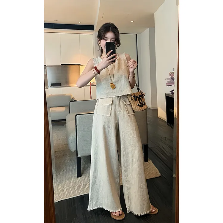 高级设计感小个子两件套修身显瘦无袖背心上衣女高腰直筒垂感长裤