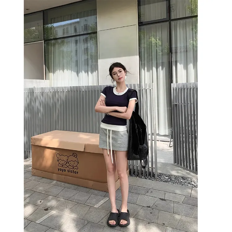 2024夏新款圆领假两件修身显瘦气质短袖T恤上衣女时尚抽绳半身裙