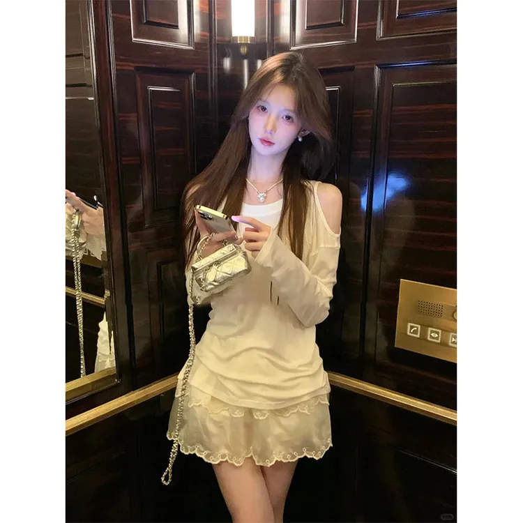 2024早秋新款纯欲风时尚薄款露肩长袖上衣高腰直筒显瘦休闲短裙女