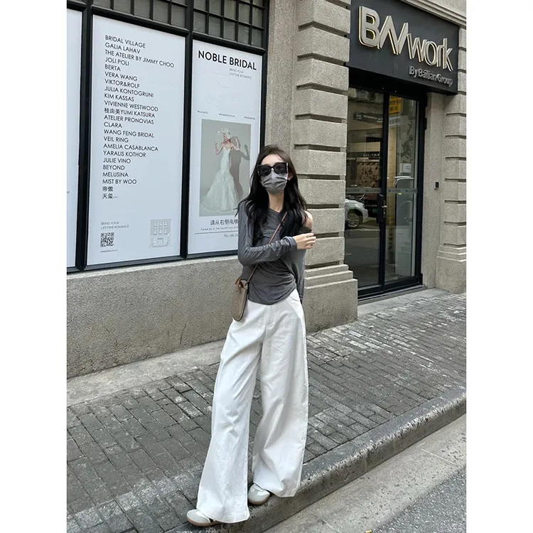 韩版长袖修身显瘦斜肩设计感气质T恤上衣女2024秋时尚高腰阔腿裤