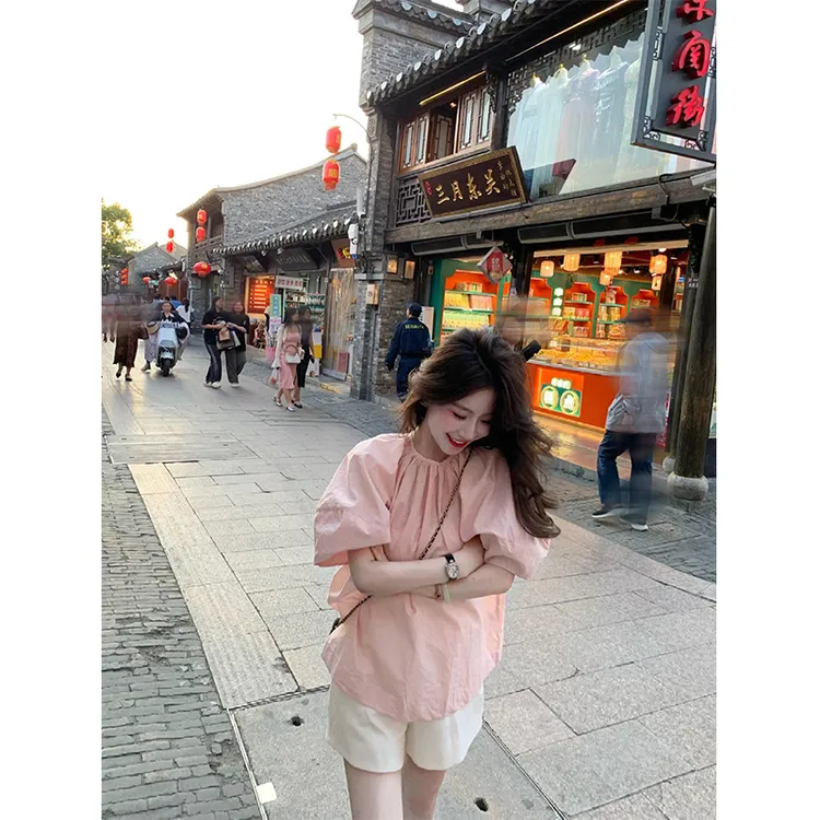 2024夏季新款韩版设计感减龄显瘦洋气泡泡短袖衬衫高腰休闲短裤女