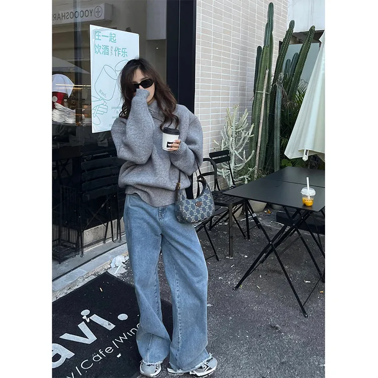 高级感轻熟风修身显瘦薄款针织衫上衣高腰直筒休闲垂感牛仔阔腿裤