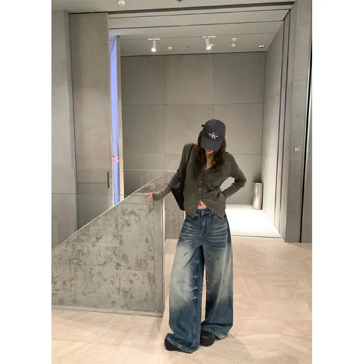 2024秋季新款美式时尚辣妹休闲长袖针织开衫高腰直筒做旧牛仔裤