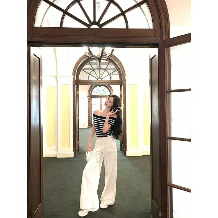 高级设计感一字领性感辣妹条纹衬衫上衣女高腰直筒休闲宽松阔腿裤