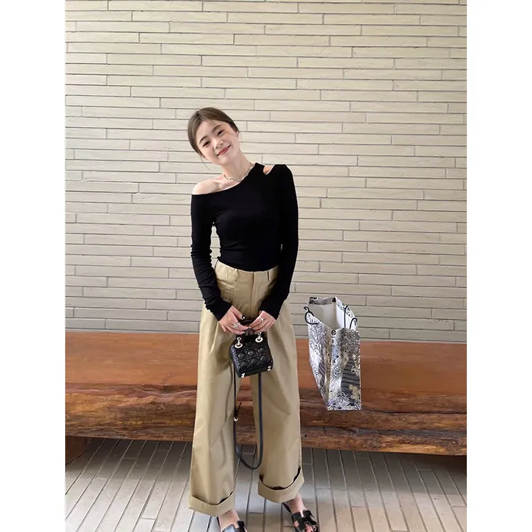 2025秋季轻熟风薄款黑色修身显瘦长袖T恤上衣高腰直筒垂感阔腿裤