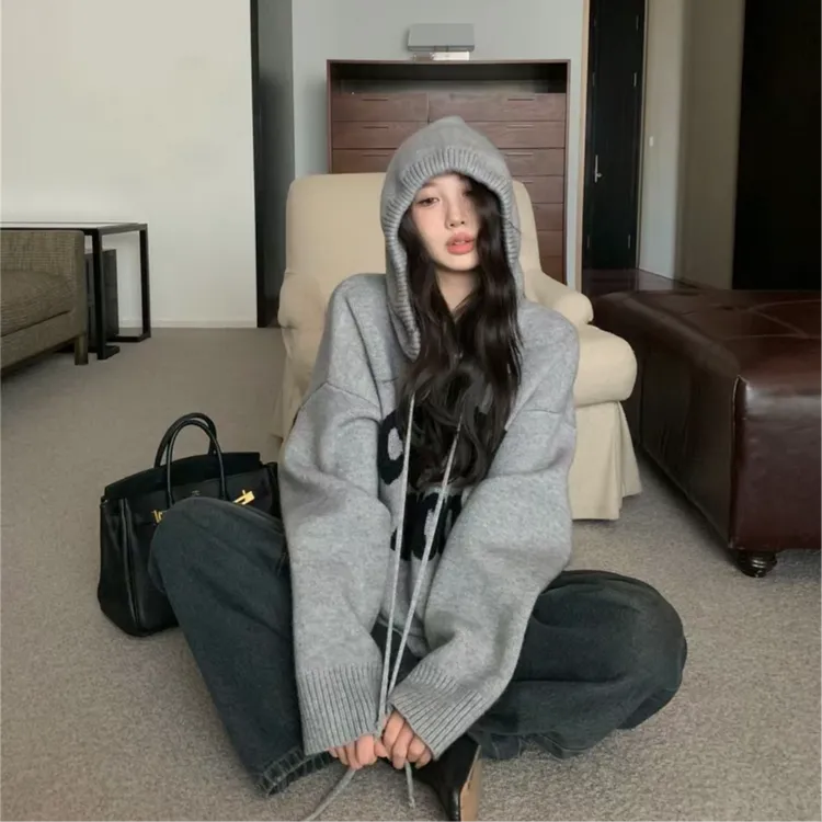 美式复古连帽毛衣女秋冬季外穿内搭超好看网红慵懒风套头针织上衣