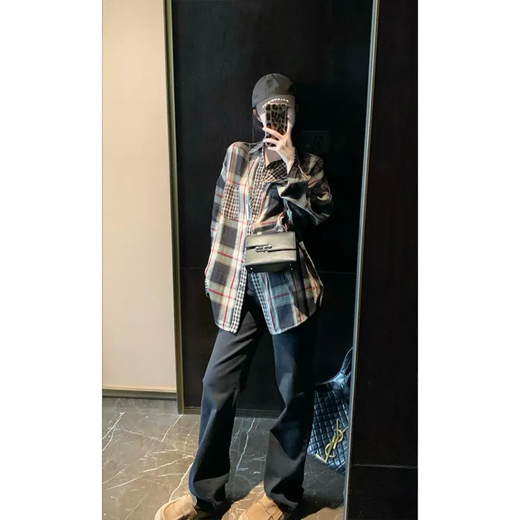2025秋季高级设计感时尚气质格子长袖衬衫上衣高腰百搭黑色长裤女