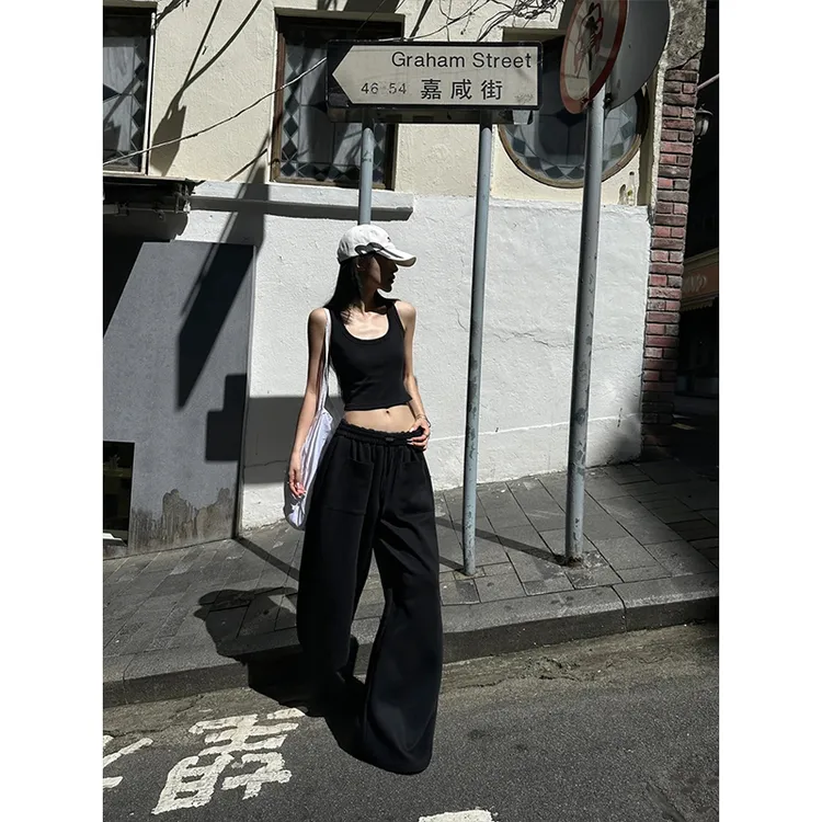 简约时尚气质轻熟风性感黑色吊带背心上衣夏季高腰垂感休闲阔腿裤