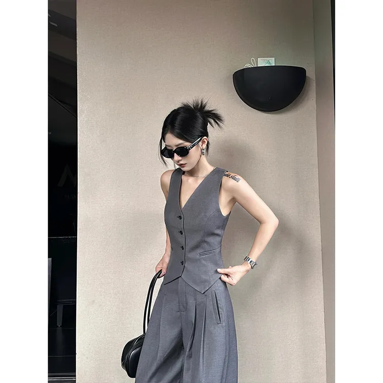 简约时尚御姐范小个子两件套灰色无袖背心上衣高腰直筒垂感阔腿裤