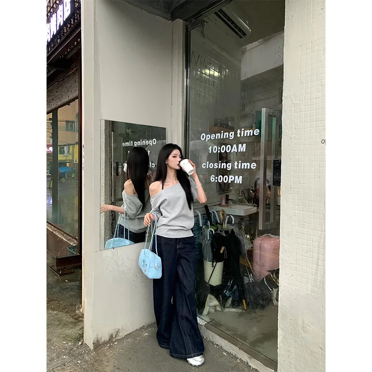 简约时尚轻熟风辣妹百搭纯色一字领设计T恤上衣高腰垂感休闲长裤