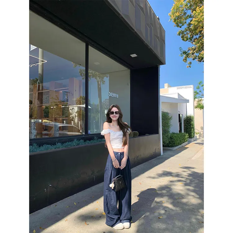 2025夏日新款设计感纯欲风性感辣妹白色背心上衣女高腰直筒阔腿裤