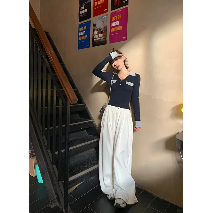 2024秋季新款时尚设计感修身显瘦撞色翻领长袖针织衫高腰阔腿裤女