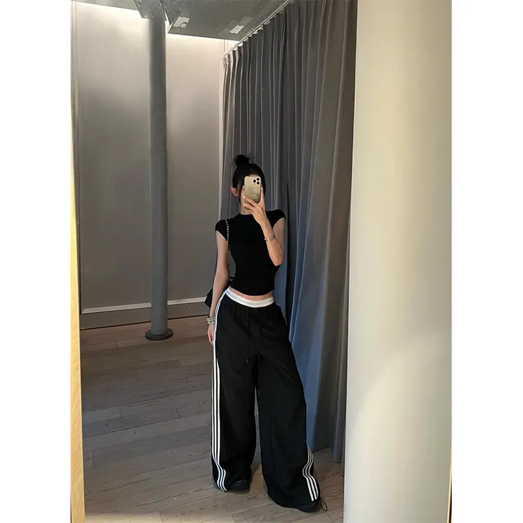 2024夏季新款韩系圆领修身显瘦短袖T恤上衣女时尚休闲条纹阔腿裤