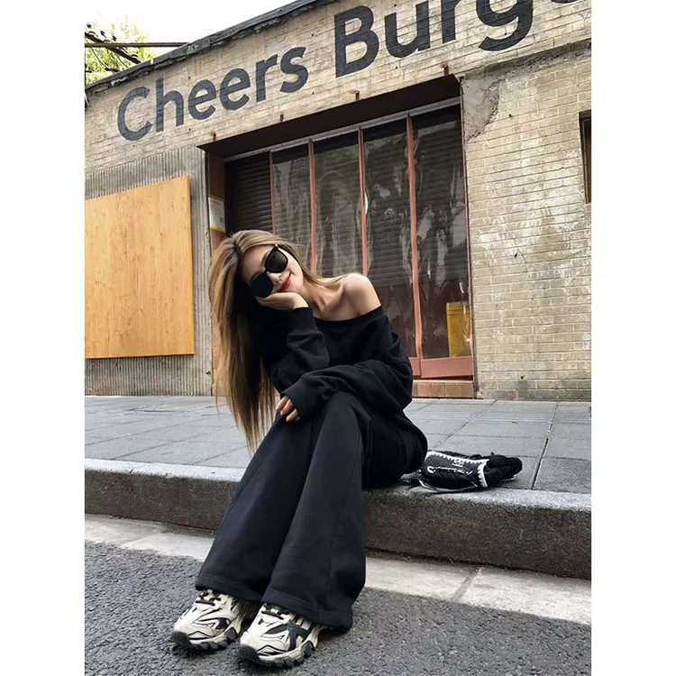 2025秋季季新款韩版斜肩套头长袖宽松卫衣女时尚高腰阔腿裤两件套