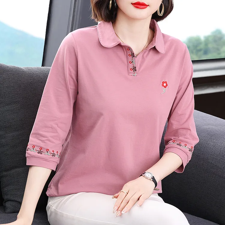 纯棉中袖T恤女有领2025新款妈妈装春夏宽松中年女士七分袖上衣服