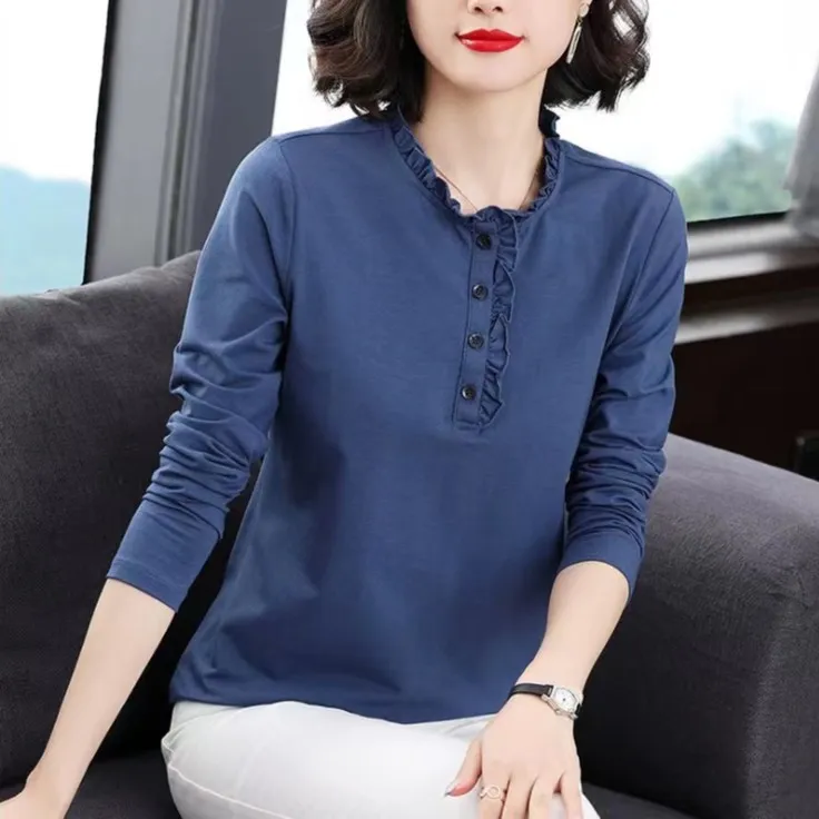 纯棉长袖t恤女士春秋季2025新款中年妈妈打底衫上衣洋气减龄小衫