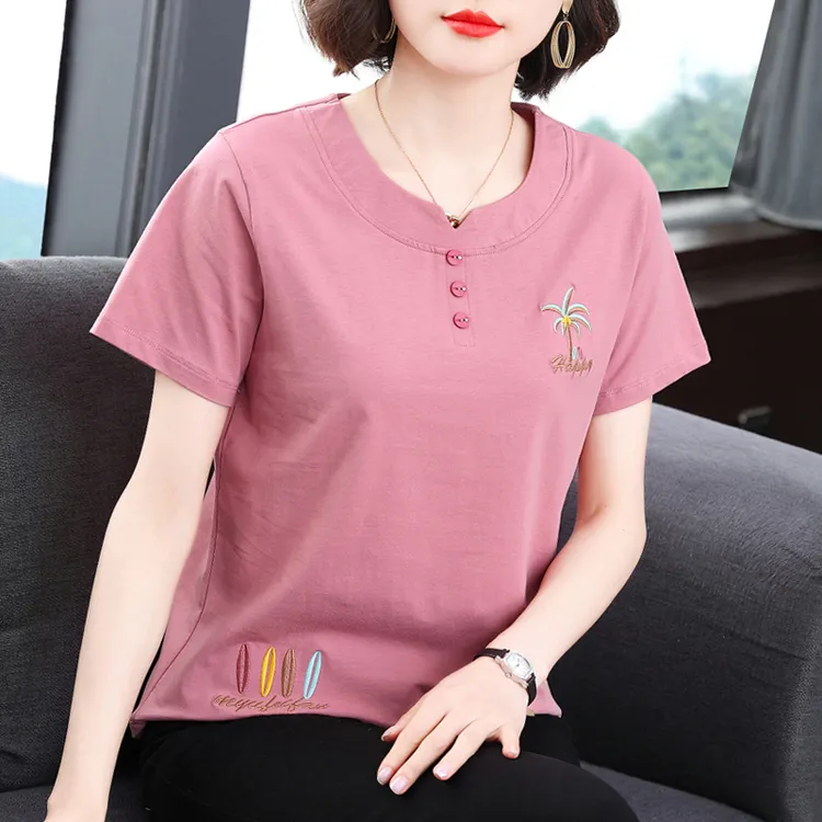 妈妈款纯棉短袖t恤女夏装中老年洋气半袖体恤衫圆领休闲百搭上衣