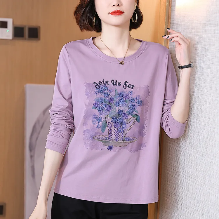 早秋妈妈新款长袖t恤女中年圆领洋气减龄上衣服休闲百搭中长体恤