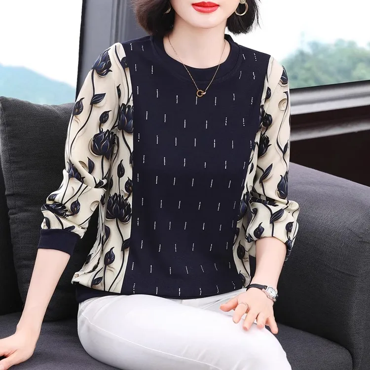 中年妈妈雪纺针织拼接长袖T恤女秋装2026新款圆领大码上衣打底衫