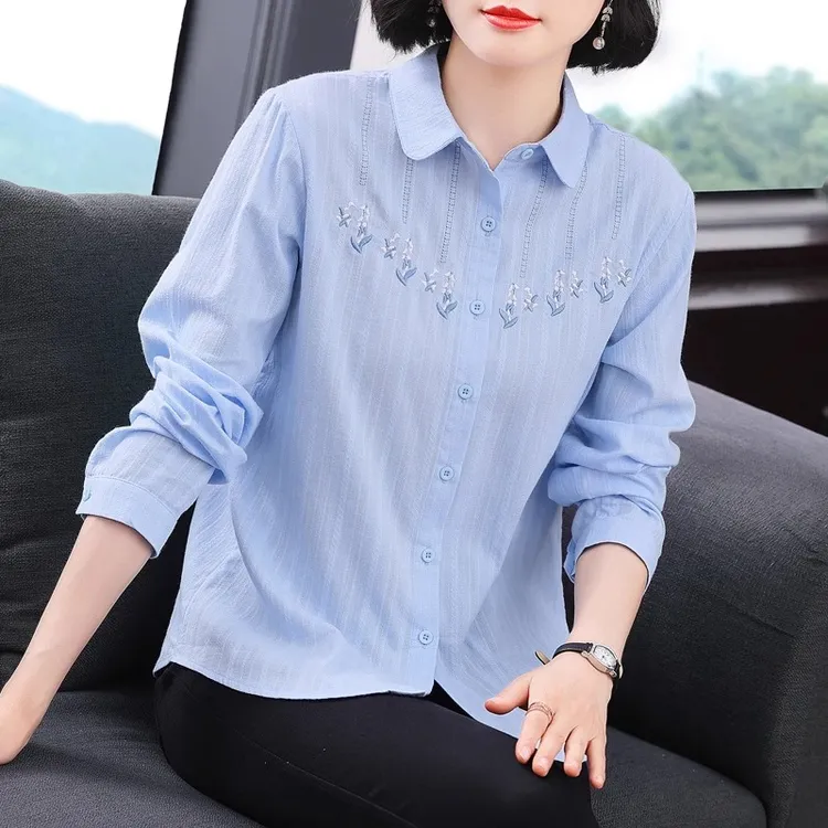 中年妈妈纯棉提花刺绣长袖衬衣女秋装2025新款全棉洋气休闲上衣服