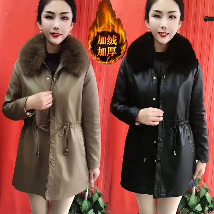 毛领冬季时尚新款洋气加绒加厚翻领皮衣显瘦2025中长款收腰外套潮