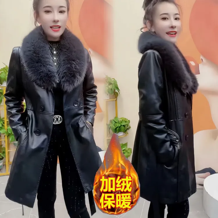 海宁皮衣女双排扣女士皮风衣秋冬新款皮大衣外套韩版女皮衣中长款