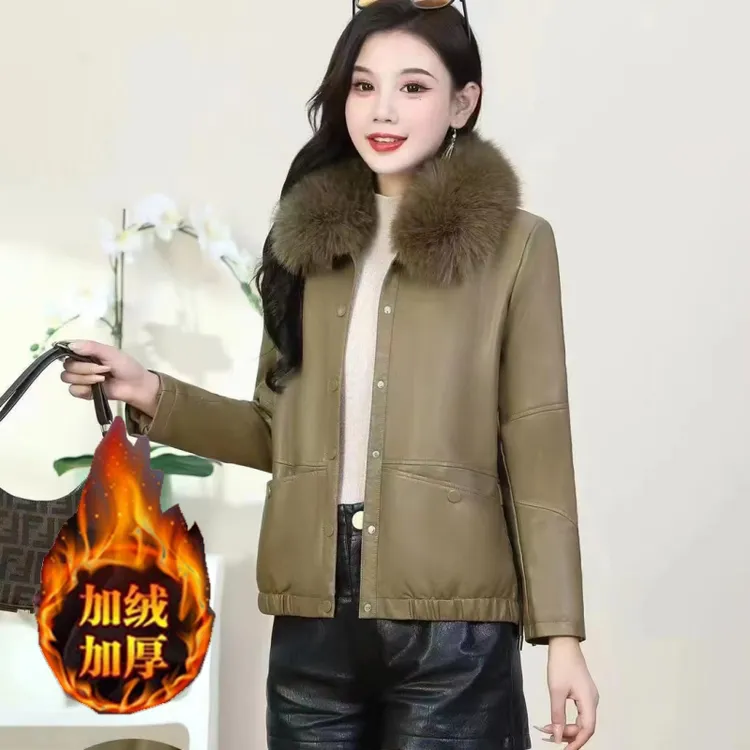 2025冬季新款时尚加绒皮衣女洋气减龄毛领保暖加厚短款百搭外套