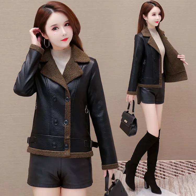 加绒加厚皮衣女2025秋冬新款韩版PU皮毛一体短款仿羊羔毛皮衣外套