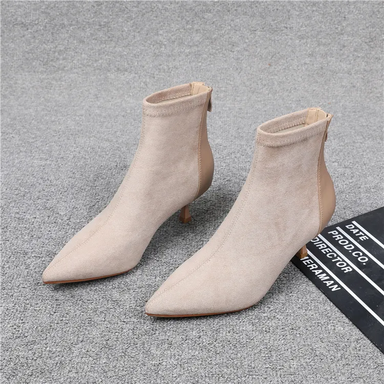 浅口鞋气质百搭裸色短靴女瘦瘦靴尖头中跟弹力英伦绒面秋冬季细跟