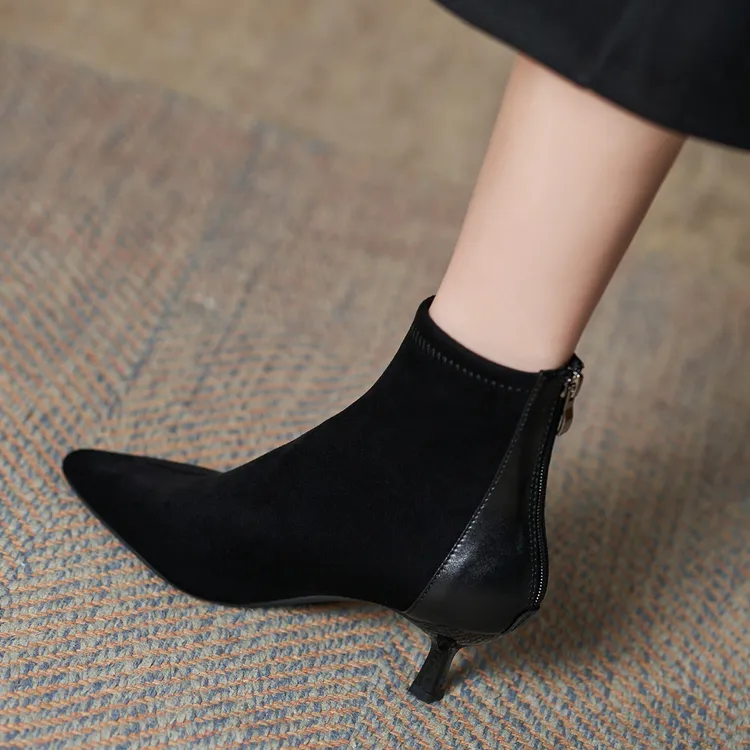 欧货气质尖头时髦小短靴洋气又高级细跟瘦瘦靴百搭女士高跟靴子女