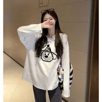 港味小狗t恤秋冬纯棉印花韩版长袖t恤休闲宽松大码女装上衣情侣装