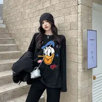 港味ins唐老鸭卡通纯棉印花长袖t恤休闲宽松大码女装上衣情侣装