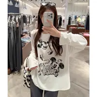 港风ins秋冬米奇卡通长袖纯棉印花T恤百搭女装上衣圆领慵懒打底衫