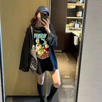 港味ins纯棉长袖t恤韩版休闲宽松大码女装夏唐老鸭卡通上衣情侣装