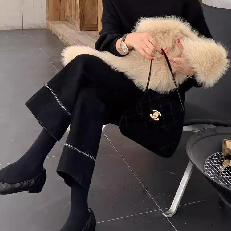 黑色直筒牛仔裤女秋冬加绒大码胖妹妹高腰宽松显瘦弹力阔腿九分裤