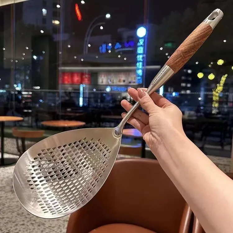 【宽度12.8cm】木手柄捞面勺捞饺子家用加厚加宽漏勺专用