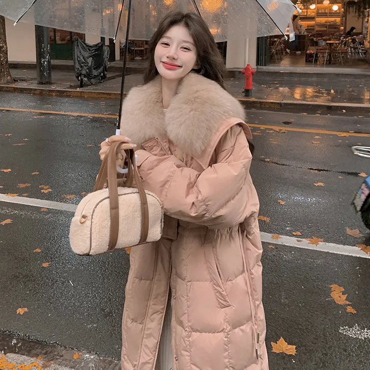 可拆卸真狐狸毛领白鸭绒羽绒服女冬季中长款收腰显瘦宽松羽绒袄爆
