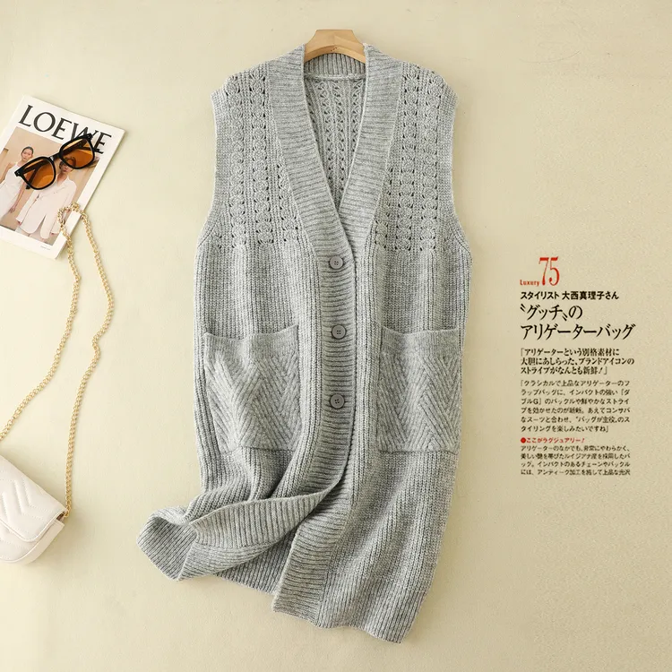 【广州微姐】50045春秋上新洋气镂空中长款马甲针织外套