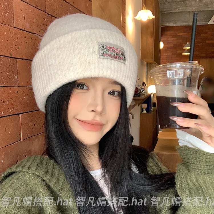 【双层羊毛布标针织帽】毛线帽子女针织帽秋冬季百搭大头围潮显脸小