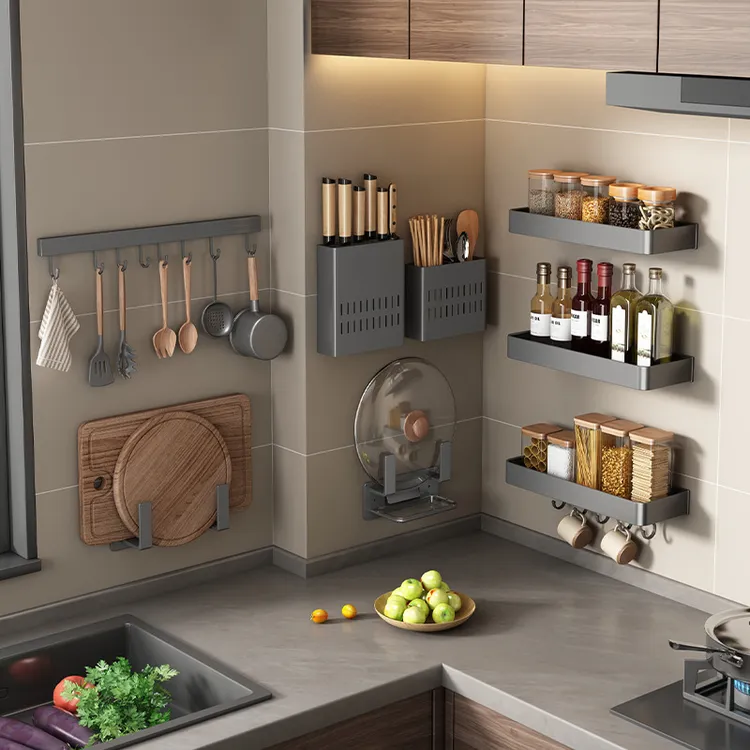万荀枪灰厨房置物架免打孔壁挂式刀架调味料用品家用多功能收纳架