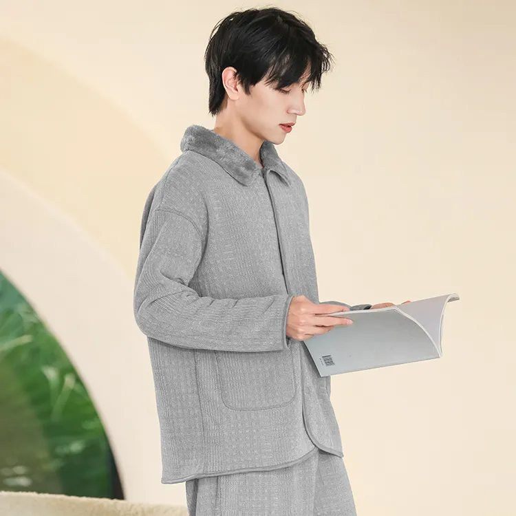 橙线双面穿秋冬款男士加绒加厚保暖柔软舒适睡衣家居服套装E83026