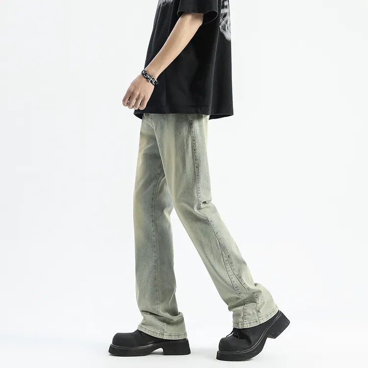 夏季薄款牛仔裤男宽松高街ins设计感水洗复古美式高街男生微喇裤