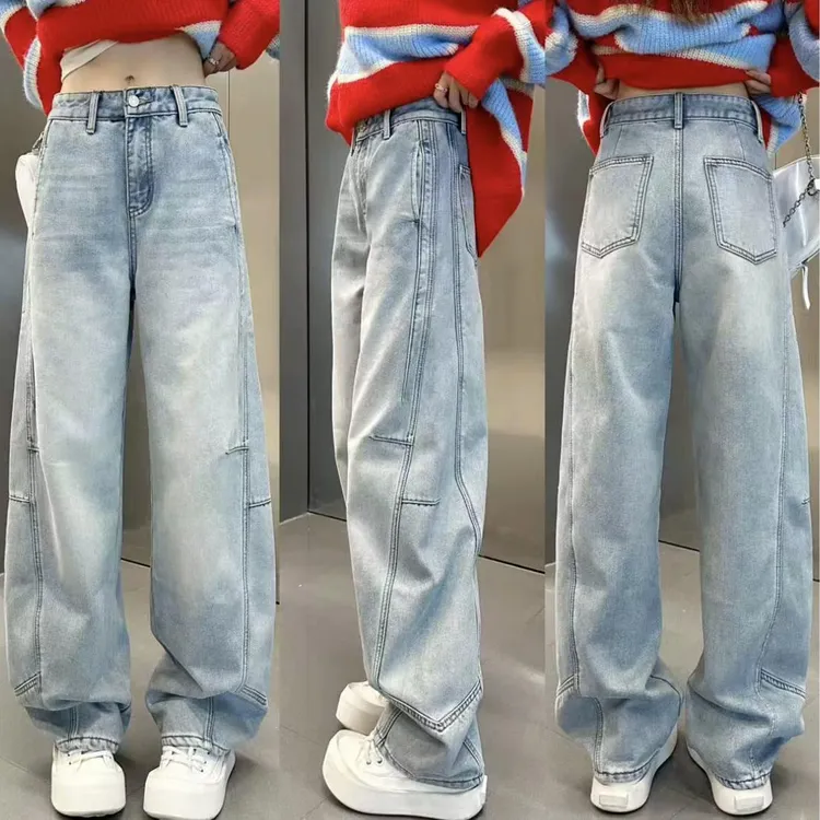 2025秋冬季新款高腰显瘦百搭明线设计加绒弯刀牛仔裤直筒香蕉裤子