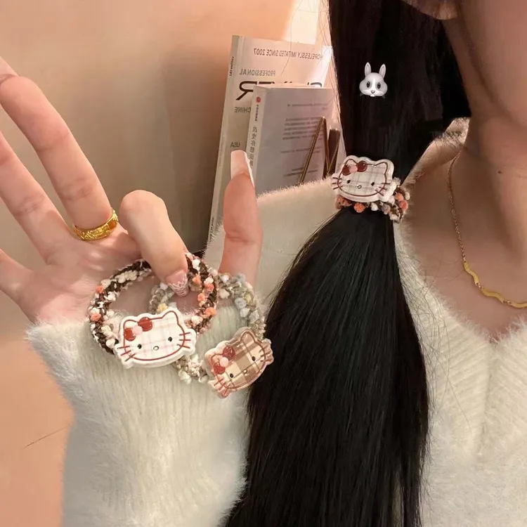 秋冬日系可爱咖色格纹kt猫发圈新款少女心可爱百搭刘海卡通头饰