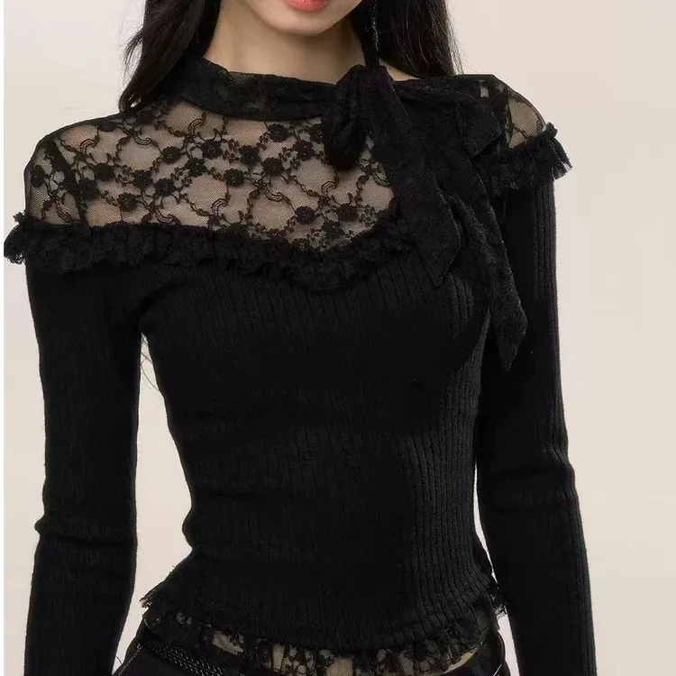 蕾丝狙杀木耳边甜辣拼接针织衫女秋冬长袖镂空打底上衣女潮