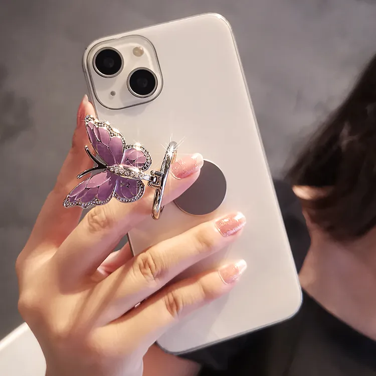 手机指环支架创意折叠手指扣圈带钻蝴蝶支撑架多功能旋转粘贴式架