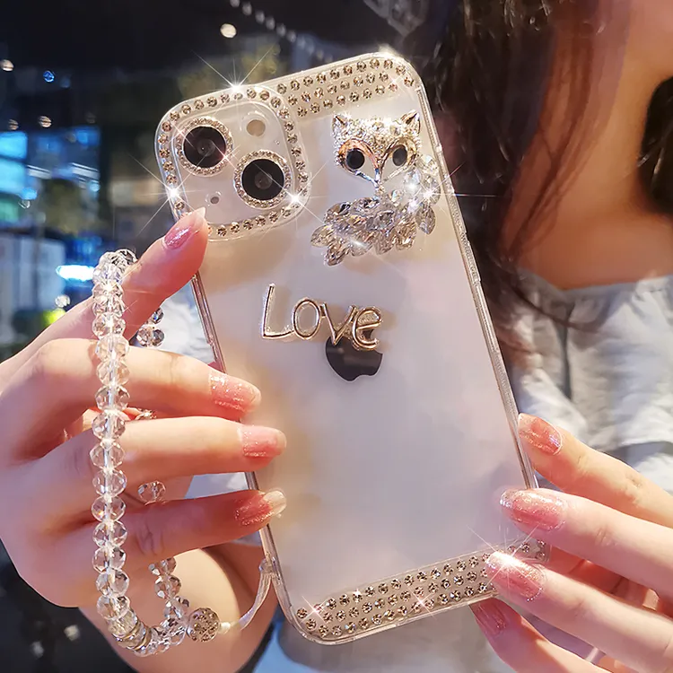适用苹果14系列手机壳新款13pro带钻女奢华14proMax水钻狐狸饰品