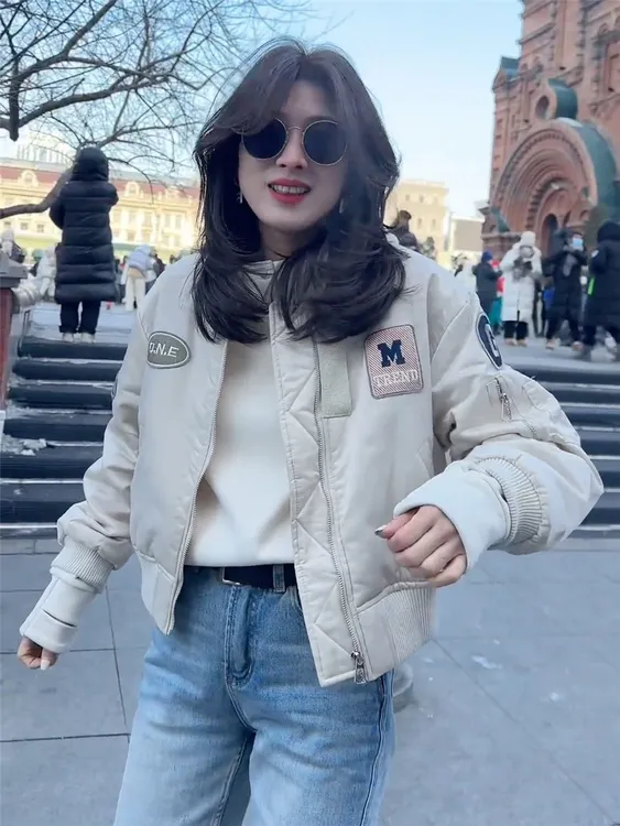 立领夹棉棒球服外套女秋冬季欧货短款飞行员夹克刺绣休闲贴标棉服