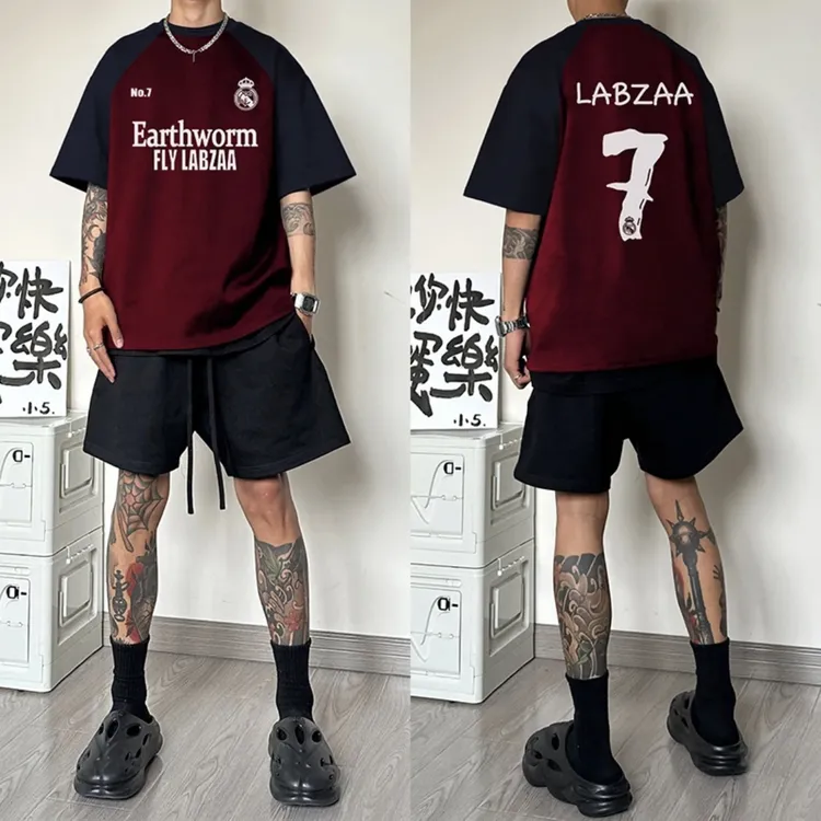 美式复古字母撞色插肩短袖T恤男款夏季高街潮牌纯棉重磅半袖上衣