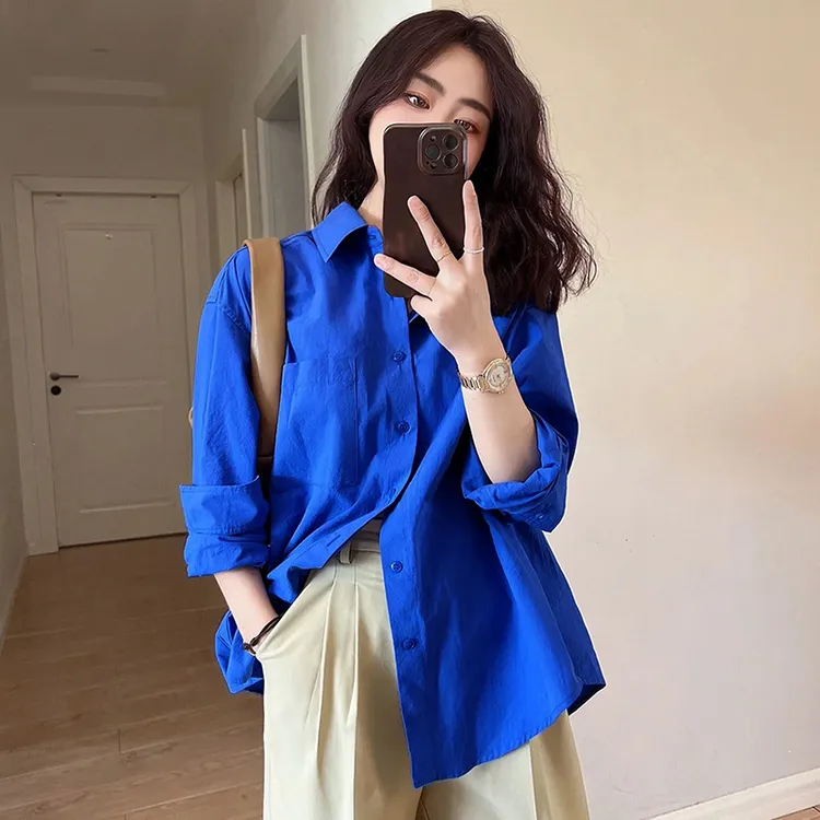 早秋网红上衣时尚长袖克莱因蓝衬衫女款外穿高级感纯棉衬衣设计感